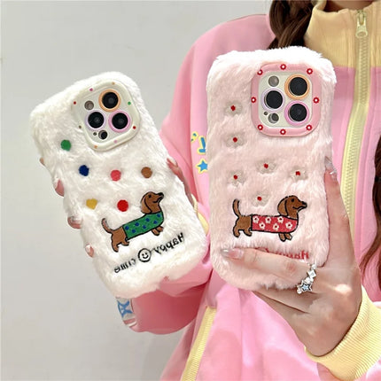 ShopCaseCart Kickstand Stand iPhone 15 Pro Max Protective cover Embroidered Dachshund Lens Kickstand TPU Plush Furry Phone Guard