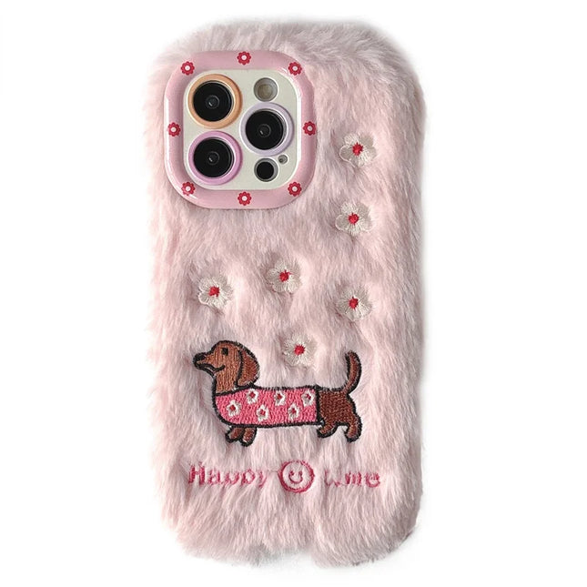 KJS-029 For iPhone 15 Pro Max Case Embroidered Dachshund Lens Kickstand TPU Plush Furry Phone Cover - Pink