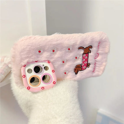 ShopCaseCart Kickstand Stand iPhone 15 Pro Max Protective cover Embroidered Dachshund Lens Kickstand TPU Plush Furry Phone Guard