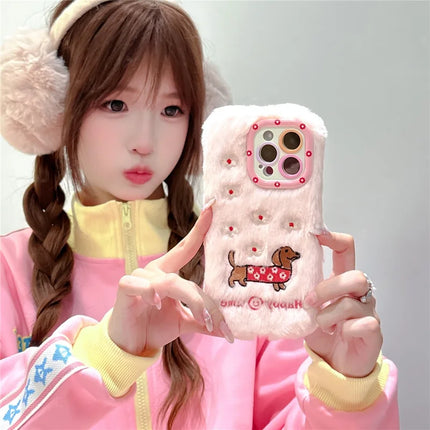 ShopCaseCart Kickstand Stand iPhone 15 Pro Max Protective cover Embroidered Dachshund Lens Kickstand TPU Plush Furry Phone Guard