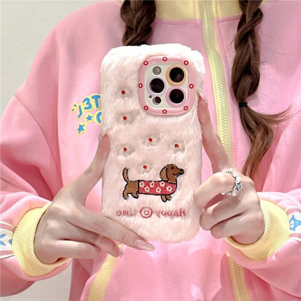 ShopCaseCart Kickstand Stand iPhone 15 Pro Max Protective cover Embroidered Dachshund Lens Kickstand TPU Plush Furry Phone Guard