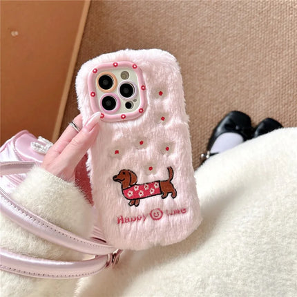 ShopCaseCart Kickstand Stand iPhone 15 Pro Max Protective cover Embroidered Dachshund Lens Kickstand TPU Plush Furry Phone Guard