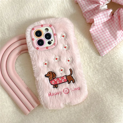 ShopCaseCart Kickstand Stand iPhone 15 Pro Max Protective cover Embroidered Dachshund Lens Kickstand TPU Plush Furry Phone Guard
