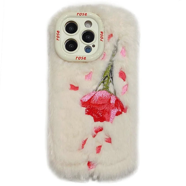 KJS-003 For iPhone 15 Pro Max Case Rose Pattern Plush+TPU Phone Cover with Lens Frame Kickstand - White