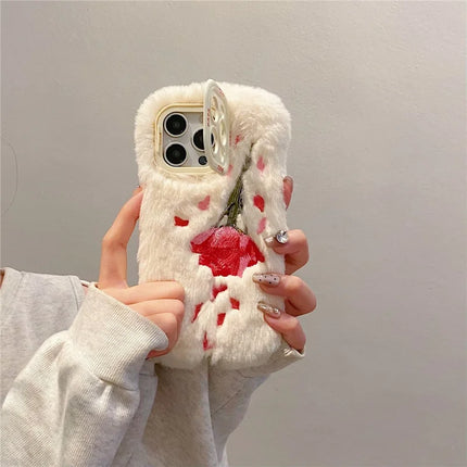 ShopCaseCart Elegant Kickstand iPhone 15 Pro Max Protective cover Rose Pattern Plush+TPU Phone Guard with Lens Frame Kickstand