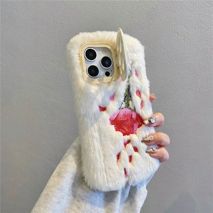 ShopCaseCart Elegant Kickstand iPhone 15 Pro Max Protective cover Rose Pattern Plush+TPU Phone Guard with Lens Frame Kickstand