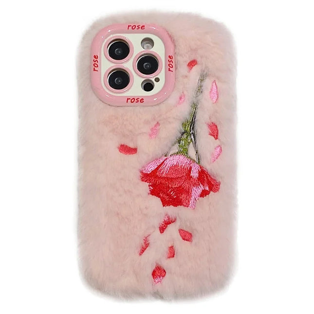 KJS-003 For iPhone 15 Pro Max Case Rose Pattern Plush+TPU Phone Cover with Lens Frame Kickstand - Pink