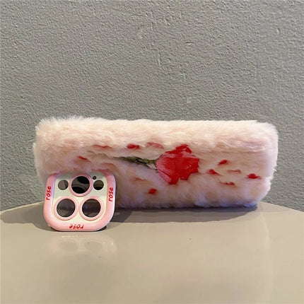 ShopCaseCart Elegant Kickstand iPhone 15 Pro Max Protective cover Rose Pattern Plush+TPU Phone Guard with Lens Frame Kickstand