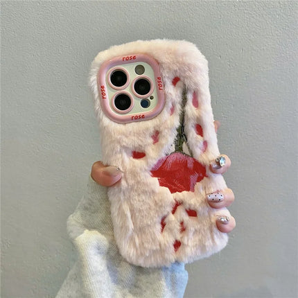 ShopCaseCart Elegant Kickstand iPhone 15 Pro Max Protective cover Rose Pattern Plush+TPU Phone Guard with Lens Frame Kickstand