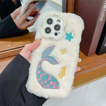 ShopCaseCart Kickstand Stand iPhone 15 Pro Max Protective cover Mermaid Pattern Plush+TPU Phone Guard with Lens Frame Kickstand