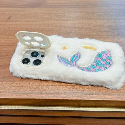 ShopCaseCart Kickstand Stand iPhone 15 Pro Max Protective cover Mermaid Pattern Plush+TPU Phone Guard with Lens Frame Kickstand