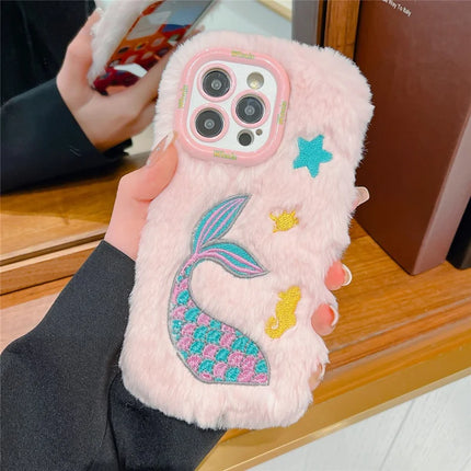 ShopCaseCart Kickstand Stand iPhone 15 Pro Max Protective cover Mermaid Pattern Plush+TPU Phone Guard with Lens Frame Kickstand