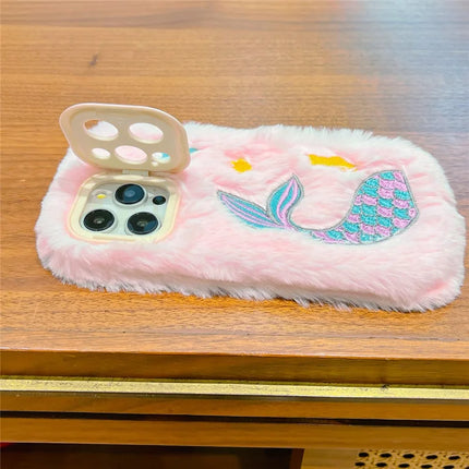 ShopCaseCart Kickstand Stand iPhone 15 Pro Max Protective cover Mermaid Pattern Plush+TPU Phone Guard with Lens Frame Kickstand
