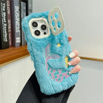 KJS-012 For iPhone 15 Pro Max Case Mermaid Pattern Plush+TPU Phone Cover with Lens Frame Kickstand - Blue
