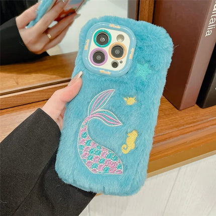 ShopCaseCart Kickstand Stand iPhone 15 Pro Max Protective cover Mermaid Pattern Plush+TPU Phone Guard with Lens Frame Kickstand