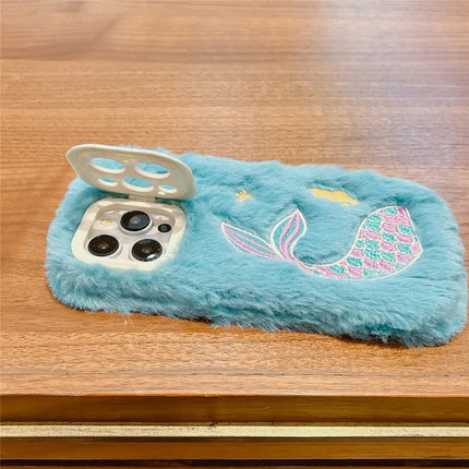ShopCaseCart Kickstand Stand iPhone 15 Pro Max Protective cover Mermaid Pattern Plush+TPU Phone Guard with Lens Frame Kickstand