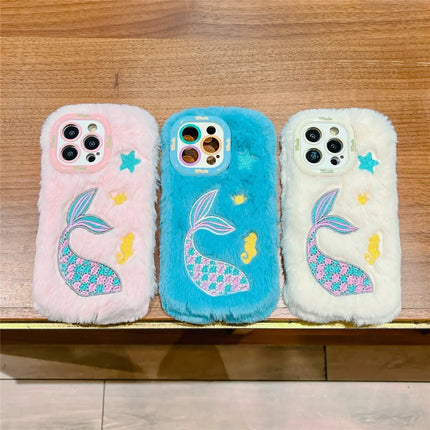 ShopCaseCart Kickstand Stand iPhone 15 Pro Max Protective cover Mermaid Pattern Plush+TPU Phone Guard with Lens Frame Kickstand