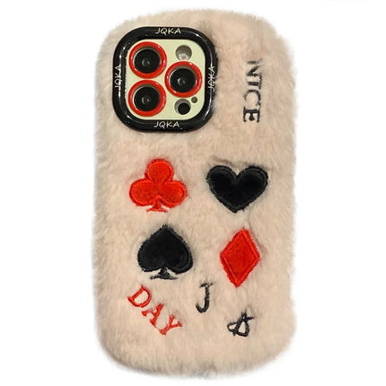 KJS-001 For iPhone 15 Pro Max Case Playing Card Pattern Plush+TPU Phone Cover with Lens Frame Kickstand - Pink