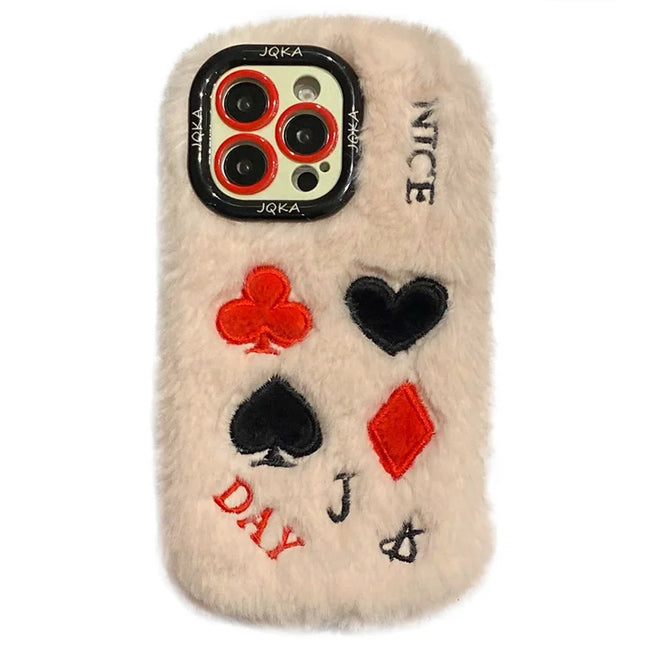 KJS-001 For iPhone 15 Pro Max Case Playing Card Pattern Plush+TPU Phone Cover with Lens Frame Kickstand - Pink