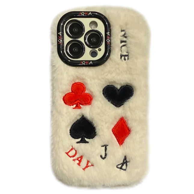 KJS-001 For iPhone 15 Pro Max Case Playing Card Pattern Plush+TPU Phone Cover with Lens Frame Kickstand - White