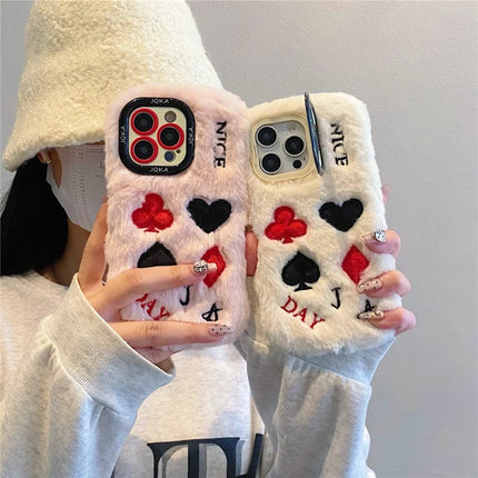 ShopCaseCart Stylish Kickstand iPhone 15 Pro Max Protective cover Playing Card Pattern Plush+TPU Phone Guard with Lens Frame Kickstand