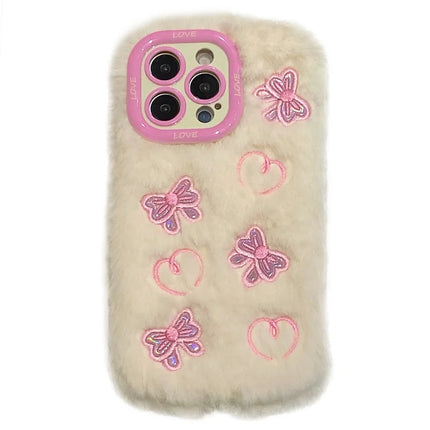 KJS-008 For iPhone 15 Pro Max Case Heart Butterfly Pattern Plush+TPU Phone Cover with Lens Frame Kickstand - White