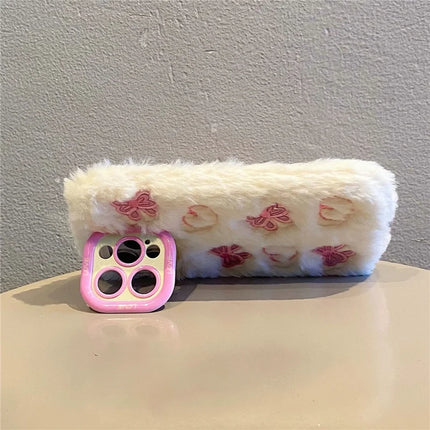 ShopCaseCart Stylish Kickstand iPhone 15 Pro Max Protective cover Heart Butterfly Pattern Plush+TPU Phone Guard with Lens Frame Kickstand