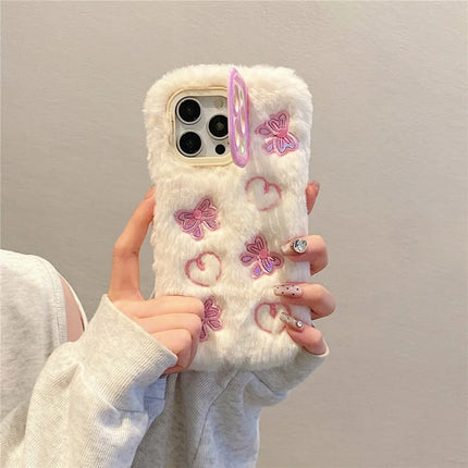 ShopCaseCart Stylish Kickstand iPhone 15 Pro Max Protective cover Heart Butterfly Pattern Plush+TPU Phone Guard with Lens Frame Kickstand