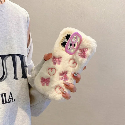 ShopCaseCart Stylish Kickstand iPhone 15 Pro Max Protective cover Heart Butterfly Pattern Plush+TPU Phone Guard with Lens Frame Kickstand
