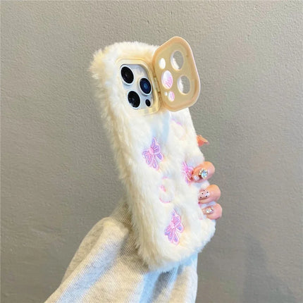 ShopCaseCart Stylish Kickstand iPhone 15 Pro Max Protective cover Heart Butterfly Pattern Plush+TPU Phone Guard with Lens Frame Kickstand