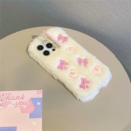 ShopCaseCart Stylish Kickstand iPhone 15 Pro Max Protective cover Heart Butterfly Pattern Plush+TPU Phone Guard with Lens Frame Kickstand