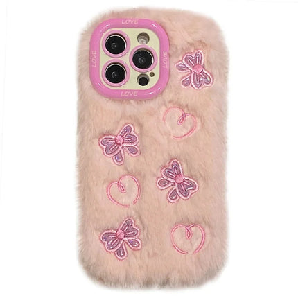 KJS-008 For iPhone 15 Pro Max Case Heart Butterfly Pattern Plush+TPU Phone Cover with Lens Frame Kickstand - Pink