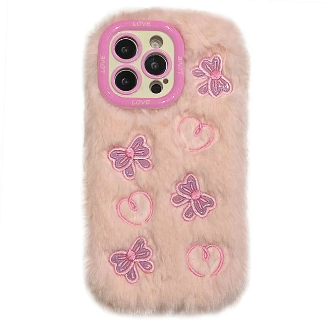 KJS-008 For iPhone 15 Pro Max Case Heart Butterfly Pattern Plush+TPU Phone Cover with Lens Frame Kickstand - Pink