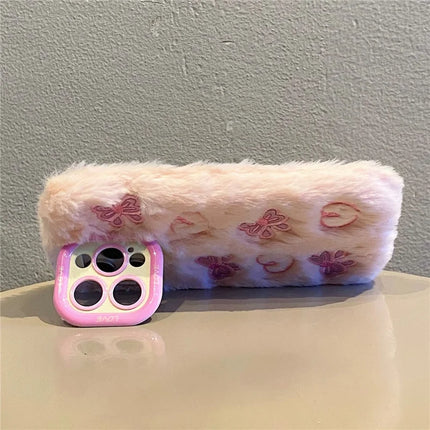 ShopCaseCart Stylish Kickstand iPhone 15 Pro Max Protective cover Heart Butterfly Pattern Plush+TPU Phone Guard with Lens Frame Kickstand