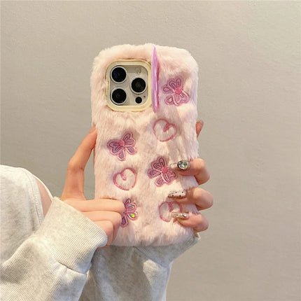 ShopCaseCart Stylish Kickstand iPhone 15 Pro Max Protective cover Heart Butterfly Pattern Plush+TPU Phone Guard with Lens Frame Kickstand