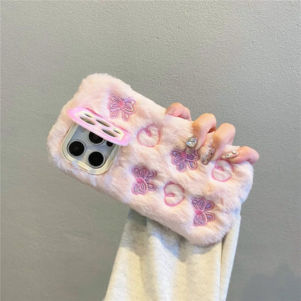 ShopCaseCart Stylish Kickstand iPhone 15 Pro Max Protective cover Heart Butterfly Pattern Plush+TPU Phone Guard with Lens Frame Kickstand