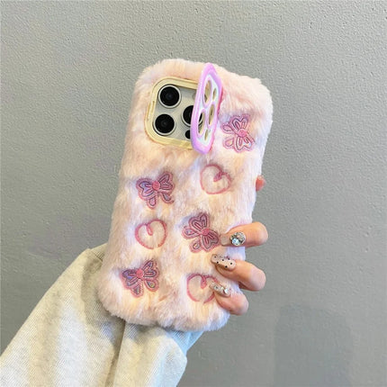 ShopCaseCart Stylish Kickstand iPhone 15 Pro Max Protective cover Heart Butterfly Pattern Plush+TPU Phone Guard with Lens Frame Kickstand