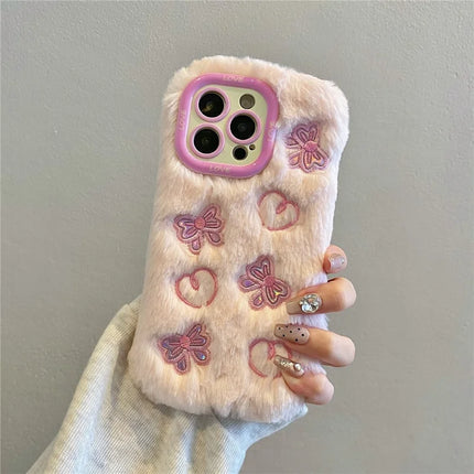 ShopCaseCart Stylish Kickstand iPhone 15 Pro Max Protective cover Heart Butterfly Pattern Plush+TPU Phone Guard with Lens Frame Kickstand
