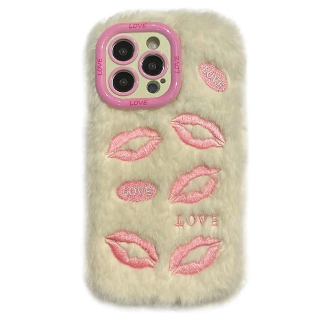 KJS-017 For iPhone 15 Pro Max Case Lip Print Pattern Plush+TPU Phone Cover with Lens Frame Kickstand - White