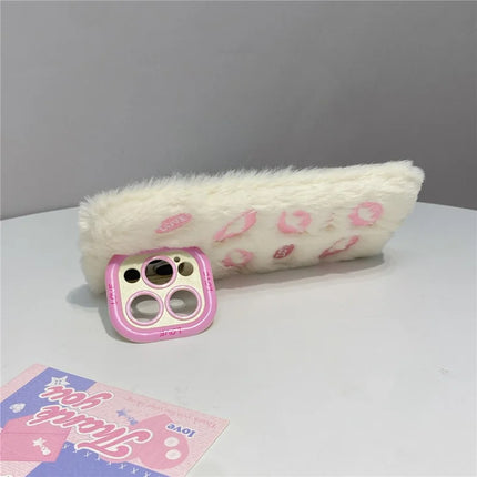 ShopCaseCart Stylish Kickstand iPhone 15 Pro Max Protective cover Lip Print Pattern Plush+TPU Phone Guard with Lens Frame Kickstand