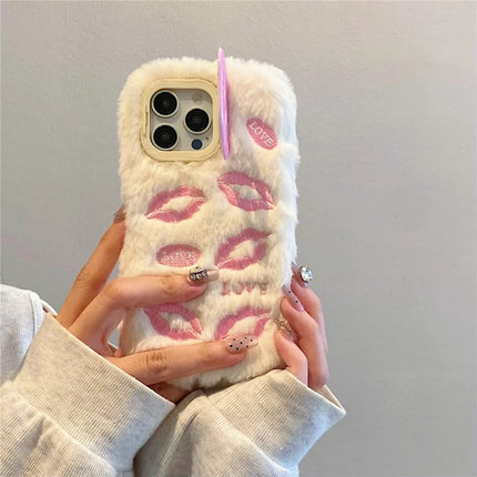 ShopCaseCart Stylish Kickstand iPhone 15 Pro Max Protective cover Lip Print Pattern Plush+TPU Phone Guard with Lens Frame Kickstand