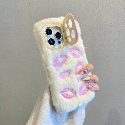 ShopCaseCart Stylish Kickstand iPhone 15 Pro Max Protective cover Lip Print Pattern Plush+TPU Phone Guard with Lens Frame Kickstand
