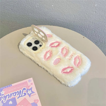 ShopCaseCart Stylish Kickstand iPhone 15 Pro Max Protective cover Lip Print Pattern Plush+TPU Phone Guard with Lens Frame Kickstand