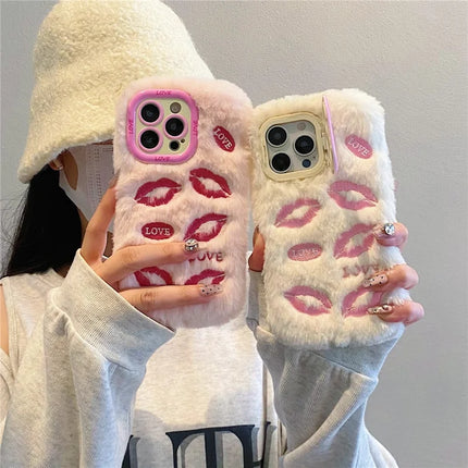 ShopCaseCart Stylish Kickstand iPhone 15 Pro Max Protective cover Lip Print Pattern Plush+TPU Phone Guard with Lens Frame Kickstand
