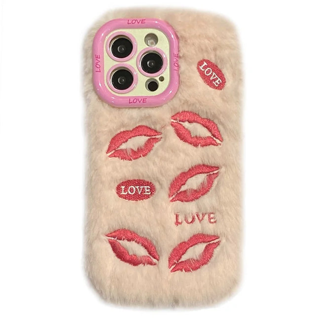 KJS-017 For iPhone 15 Pro Max Case Lip Print Pattern Plush+TPU Phone Cover with Lens Frame Kickstand - Pink