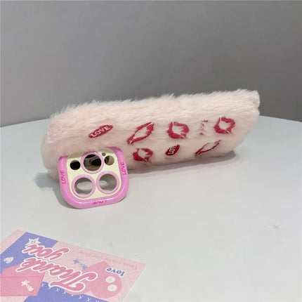 ShopCaseCart Stylish Kickstand iPhone 15 Pro Max Protective cover Lip Print Pattern Plush+TPU Phone Guard with Lens Frame Kickstand