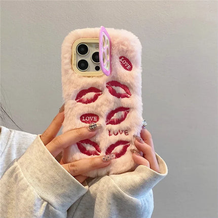 ShopCaseCart Stylish Kickstand iPhone 15 Pro Max Protective cover Lip Print Pattern Plush+TPU Phone Guard with Lens Frame Kickstand