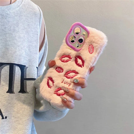 ShopCaseCart Stylish Kickstand iPhone 15 Pro Max Protective cover Lip Print Pattern Plush+TPU Phone Guard with Lens Frame Kickstand