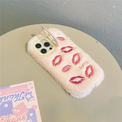 ShopCaseCart Stylish Kickstand iPhone 15 Pro Max Protective cover Lip Print Pattern Plush+TPU Phone Guard with Lens Frame Kickstand