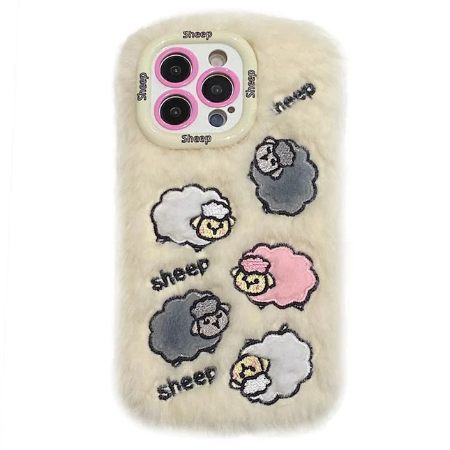 KJS-007 For iPhone 15 Pro Max Case Embroidered Sheeps Lens Kickstand TPU Plush Furry Phone Cover - White